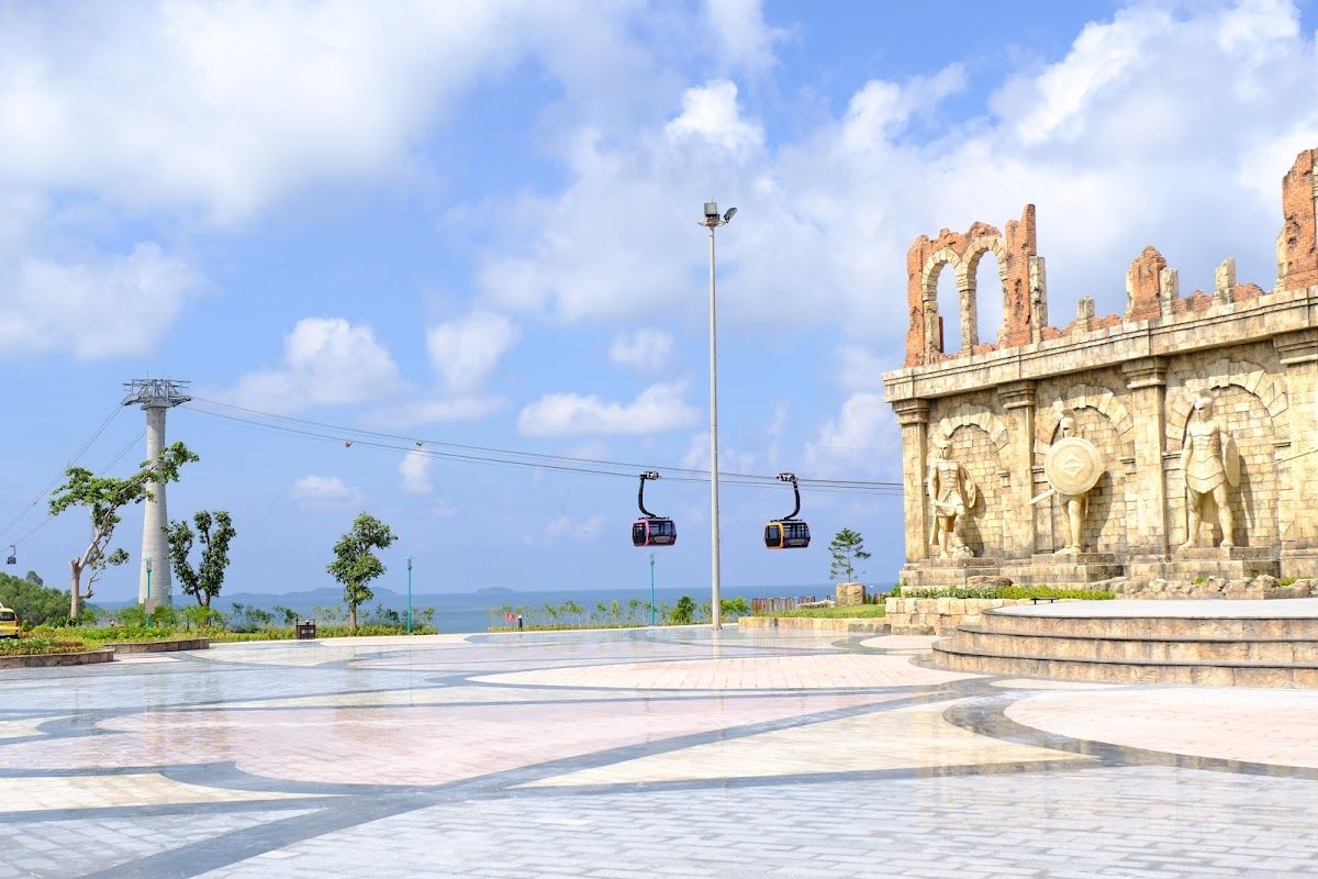Hon Thom cable car gondolas crossing the sea at the An Thoi departure terminal, Phu Quoc