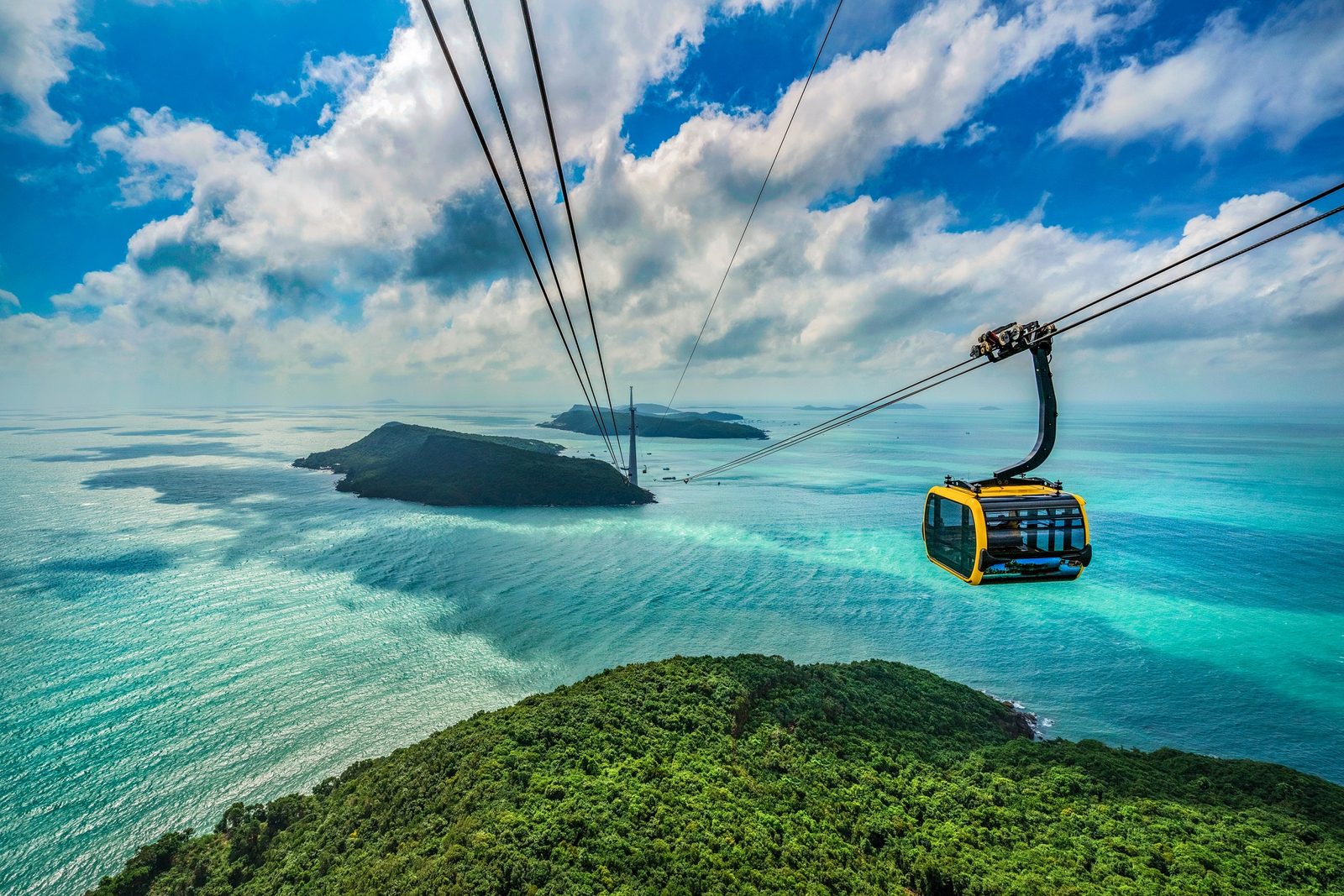Aerial view of the Hon Thom cable car crossing the sea from An Thoi to Hon Thom island in the south of Phu Quoc